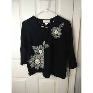 Alfred Dunner Woman PS Sweater 3/4 Sleeve Black Embroidery Floral Casual